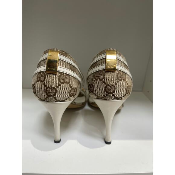 Gucci GG Canvas and Leather Peep-Toe Heels with Horsebit - Picture 3 of 5